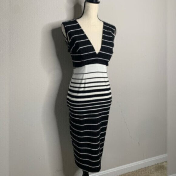 Nicholas Women’s Black & White Striped Midi Plunging V-Neck and Open Back Dress - Picture 6 of 15